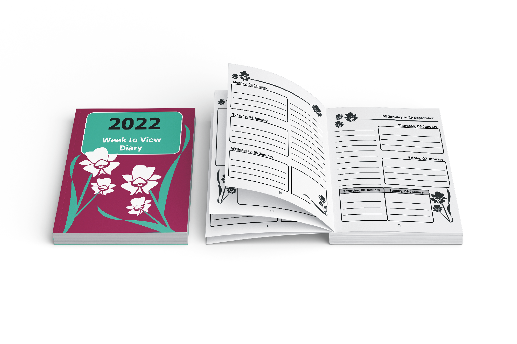 2022 LPP Diary Mock-Up Orchids with inside-web Image of 2022 Large Print Publications 2021 large print diary with orchid cover