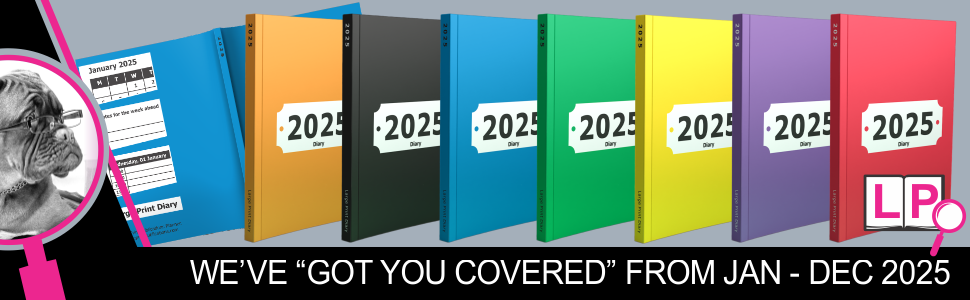 Collage of 2025 plain cover large print weekly diaries