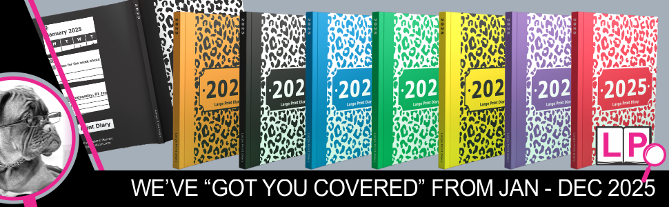 Collage of 2025 leopard print cover large print week to view diaries