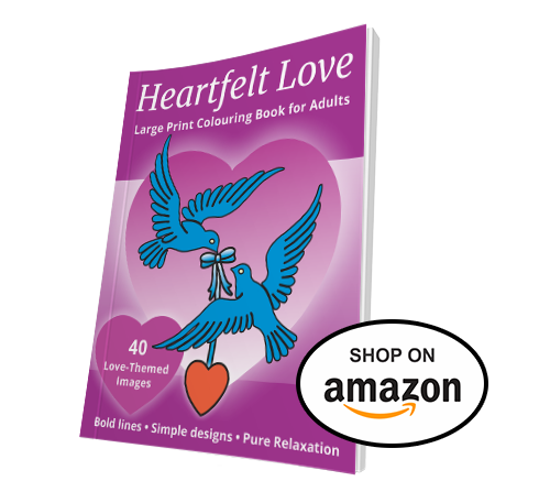 Large Print Publications Heartfelt Love Coloring Book Mockup with shop on Amazon badge